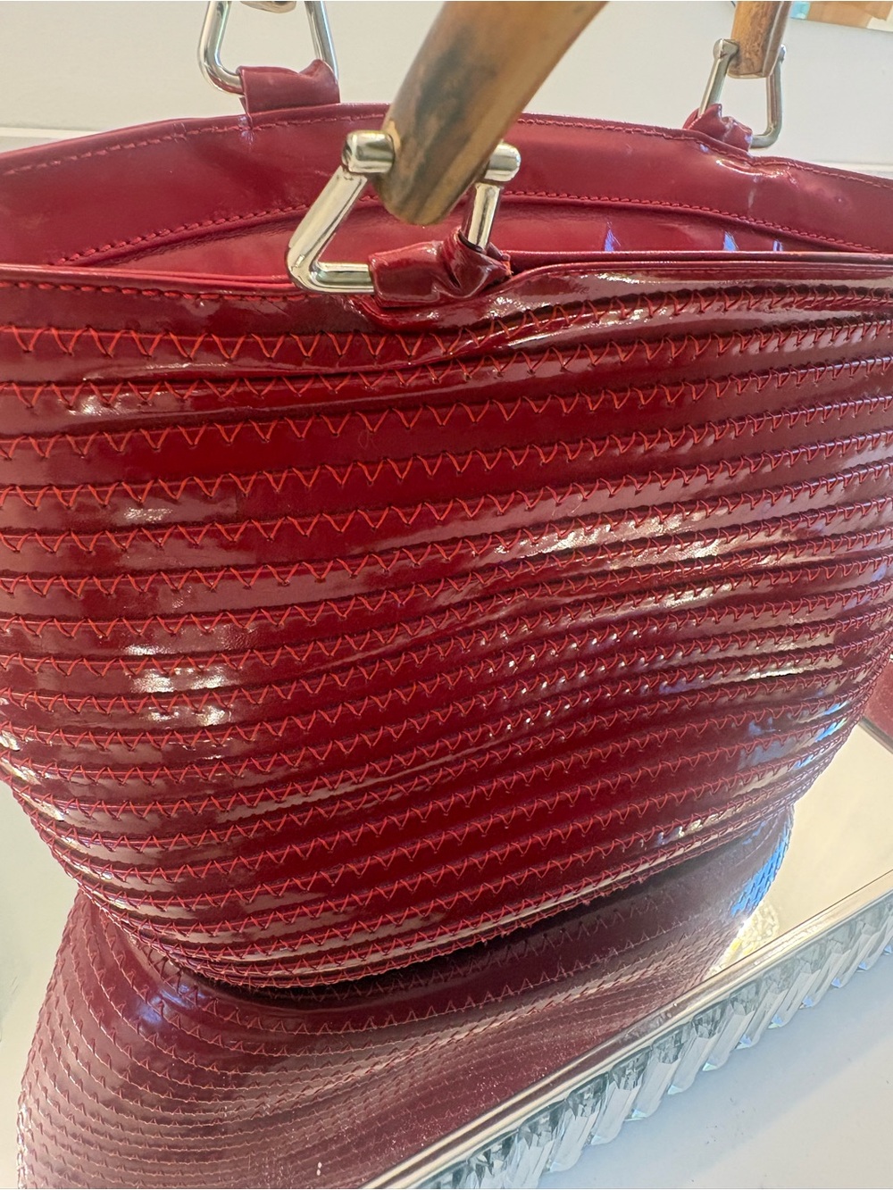 Authentic Gucci Glossy Red Quilted Tote with Wood Handles